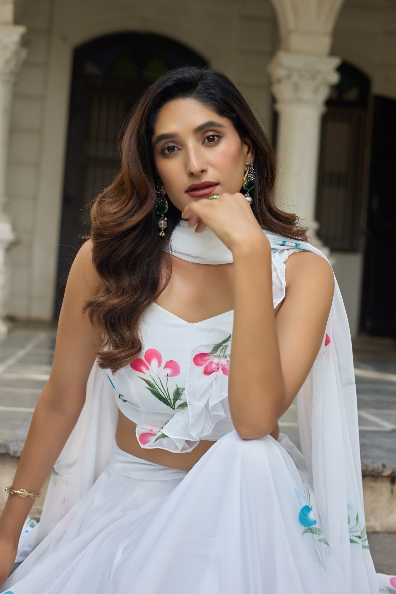 Lorenvalley Fashion White Georgette with Hand-painted Floral Design Lehenga Choli with Dupatta 