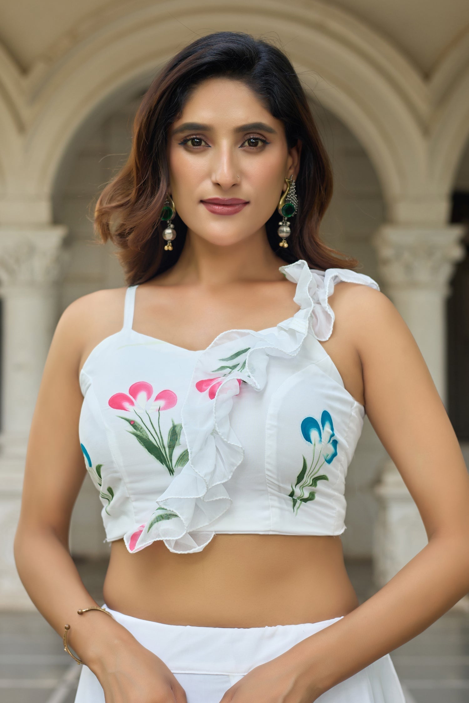 Lorenvalley Fashion White Georgette with Hand-painted Floral Design Lehenga Choli with Dupatta 