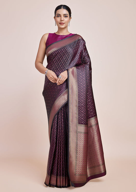 Monjolika Fashion Glamour And Tradition With This Zari Woven Wine Color Banarasi Satin Silk Saree