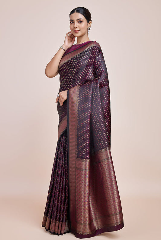 Monjolika Fashion Glamour And Tradition With This Zari Woven Wine Color Banarasi Satin Silk Saree