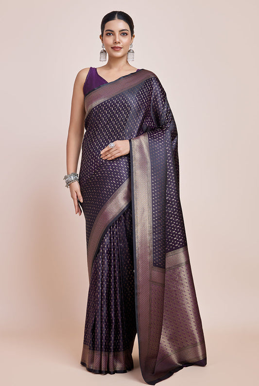 Monjolika Fashion Glamour And Tradition With This Zari Woven Darl Purple Color Banarasi Satin Silk Saree