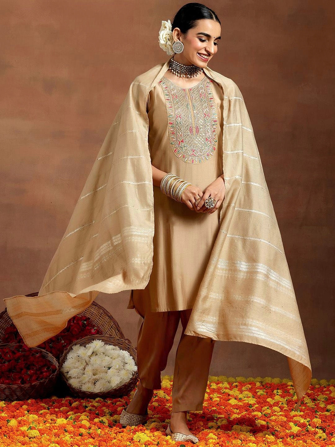 Vegaa Fashion Cream Chanderi Silk Embroidered Salwar Suit  Grab2Buy Vegaa Fashion Grab2Buy