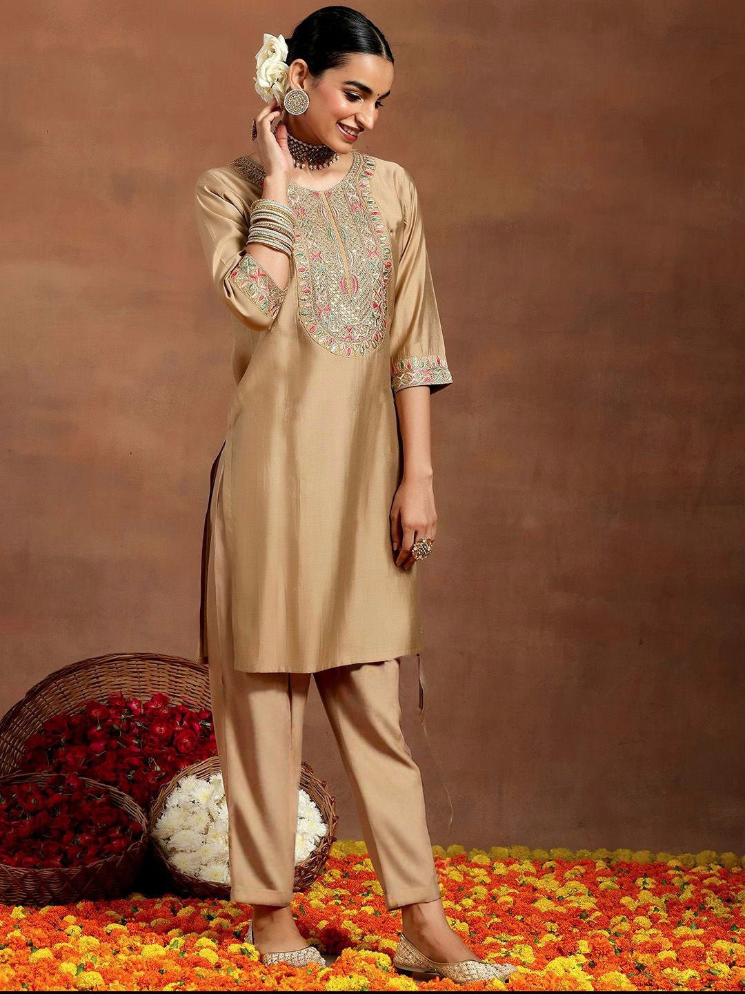 Vegaa Fashion Cream Chanderi Silk Embroidered Salwar Suit  Grab2Buy Vegaa Fashion Grab2Buy