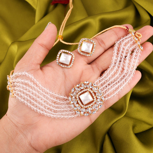 Tehzeeb Creations Brass Gold-Polished Gold, White, White Jewel Set  