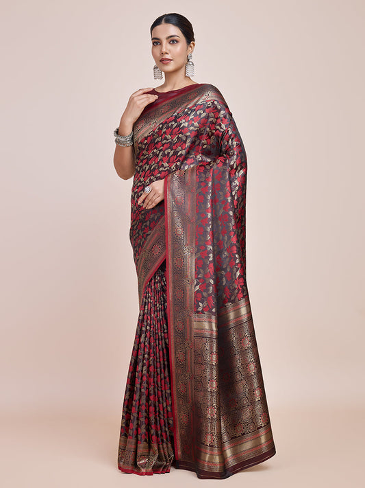 Monjolika Fashion Banarasi Satin Silk Maroon Weaving Designer Saree