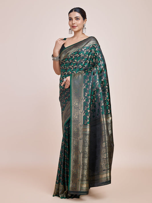Monjolika Fashion Banarasi Satin Silk Dark Green Weaving Designer Saree