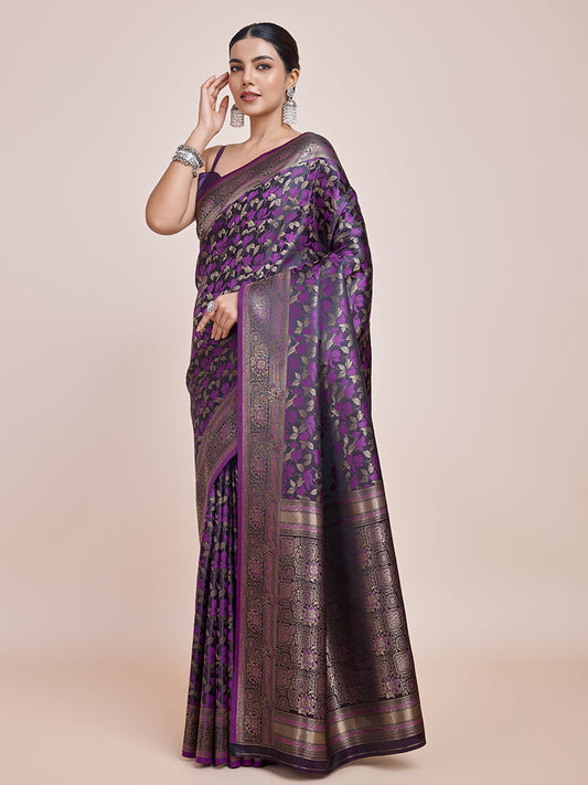 Monjolika Fashion Banarasi Satin Silk Dark Purple Weaving Designer Saree
