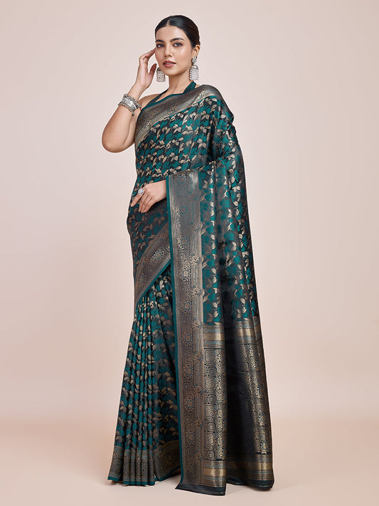 Monjolika Fashion Banarasi Satin Silk Dark Teal Weaving Designer Saree