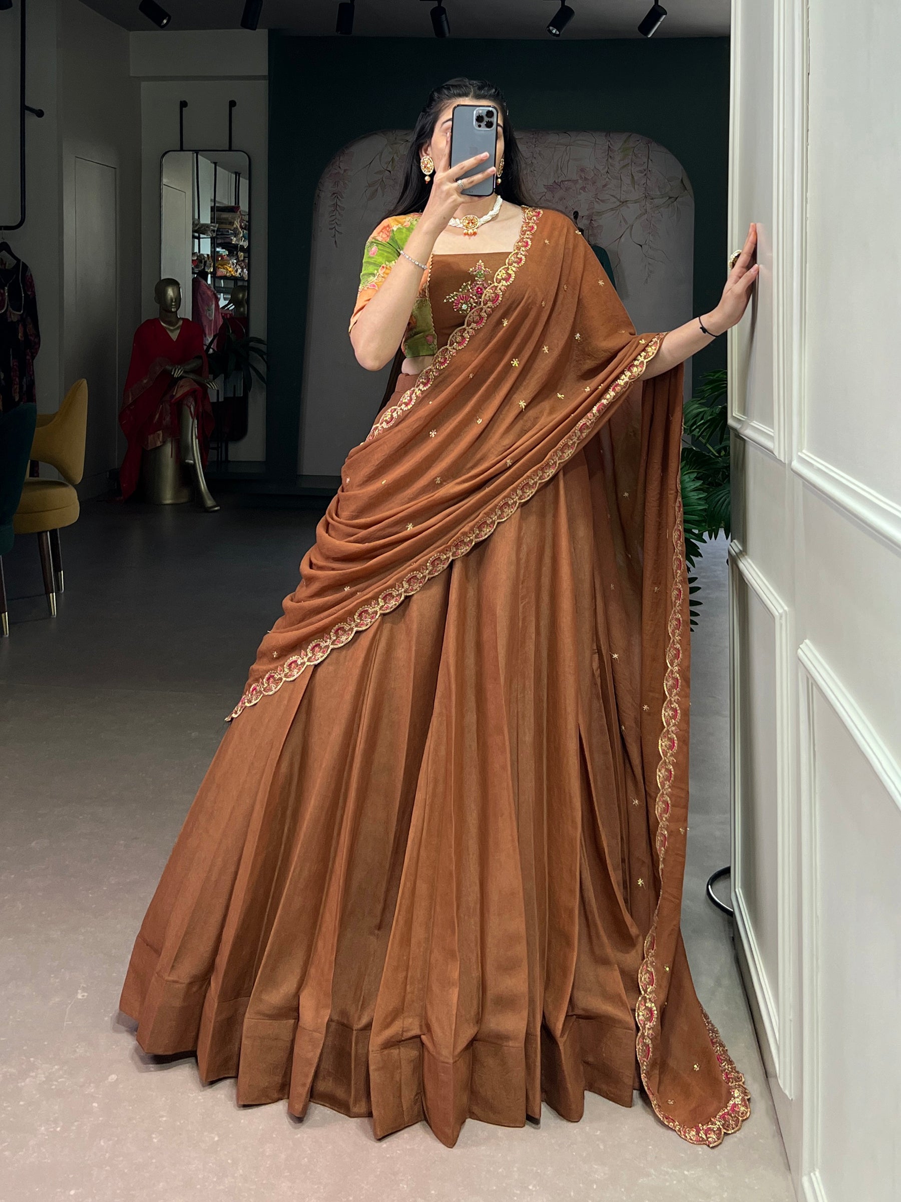 Lorenvalley Fashion Brown Chocolate Crush Silk Plain Lehenga Choli with Dupatta