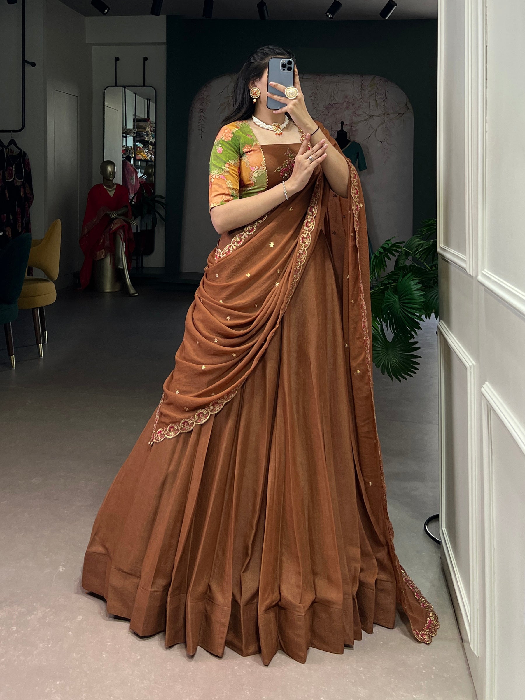 Lorenvalley Fashion Brown Chocolate Crush Silk Plain Lehenga Choli with Dupatta