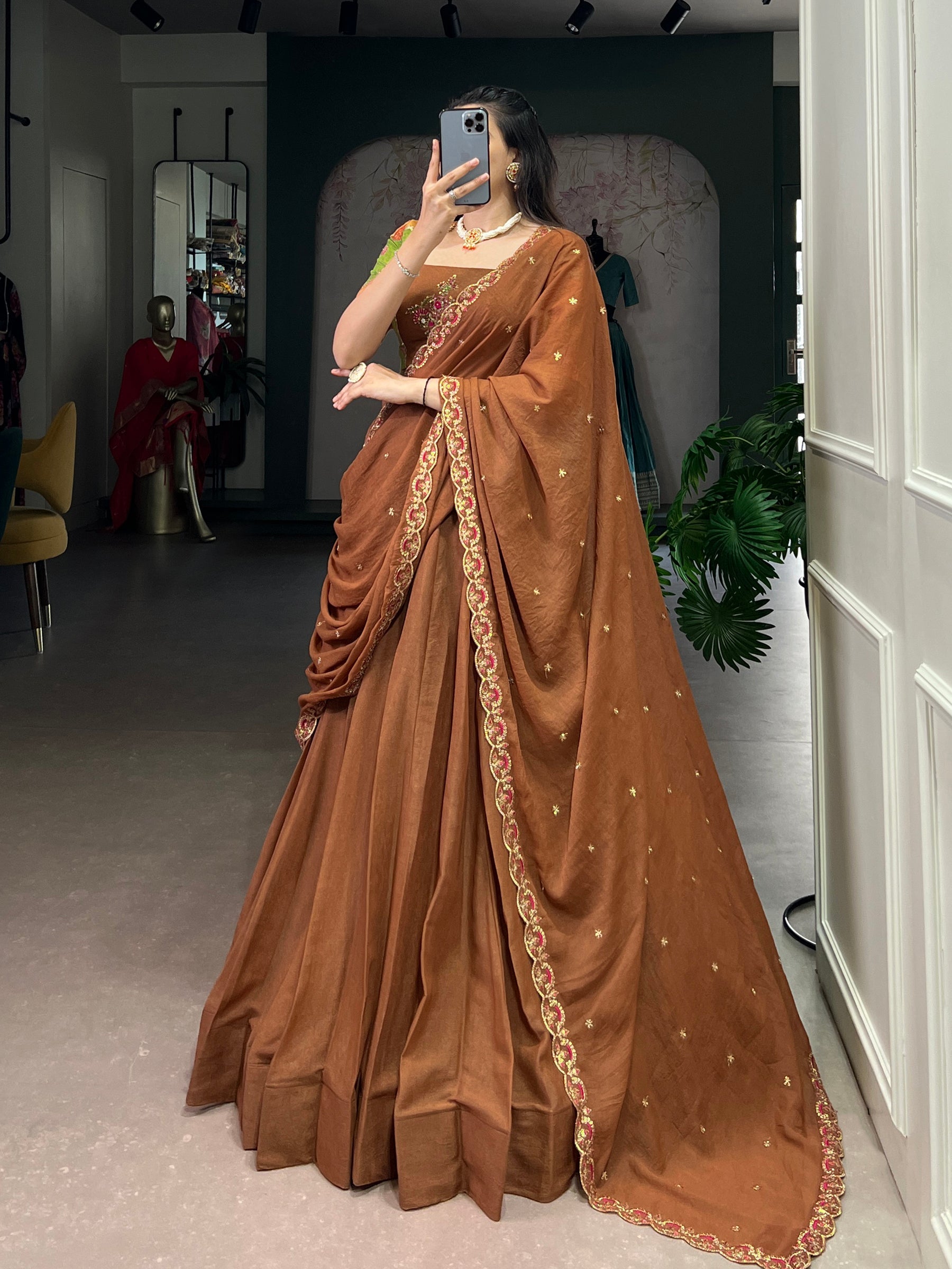 Lorenvalley Fashion Brown Chocolate Crush Silk Plain Lehenga Choli with Dupatta