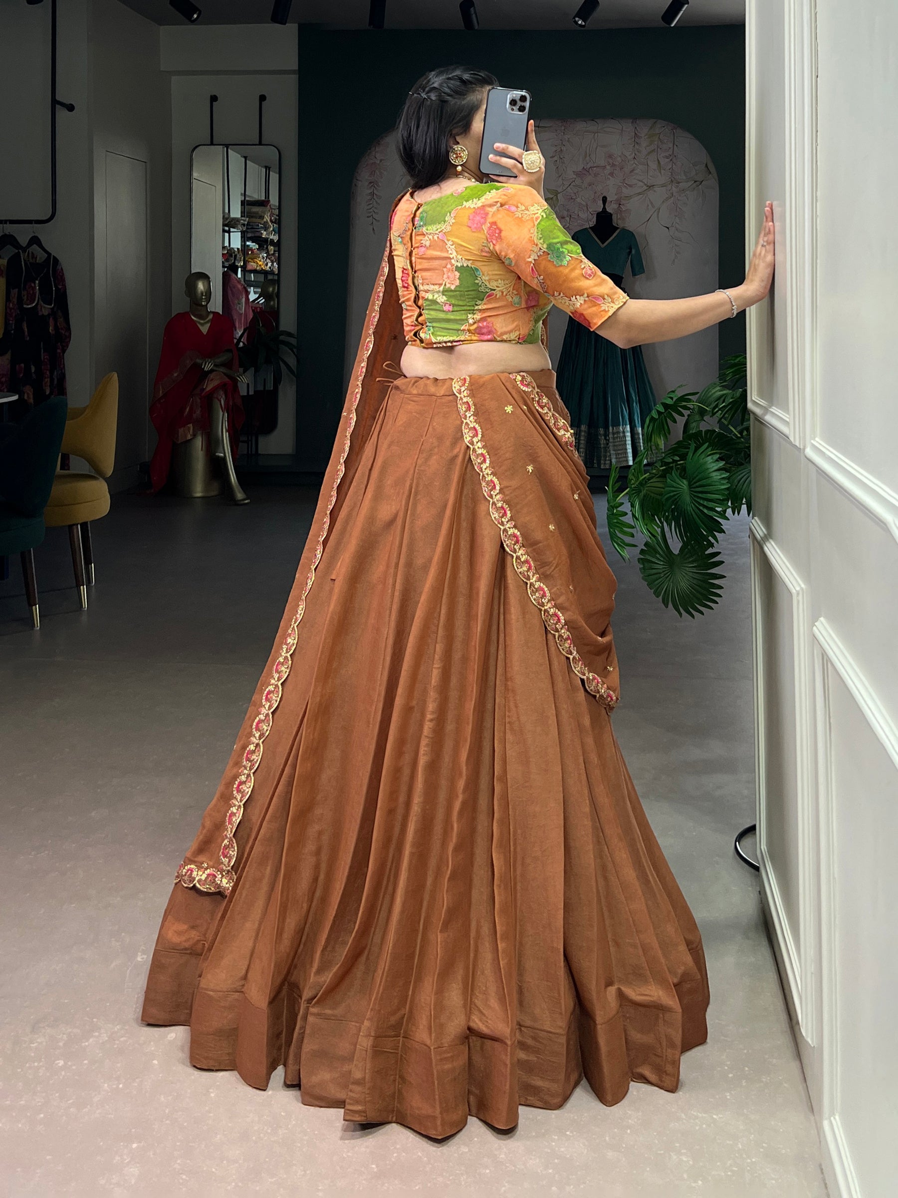 Lorenvalley Fashion Brown Chocolate Crush Silk Plain Lehenga Choli with Dupatta