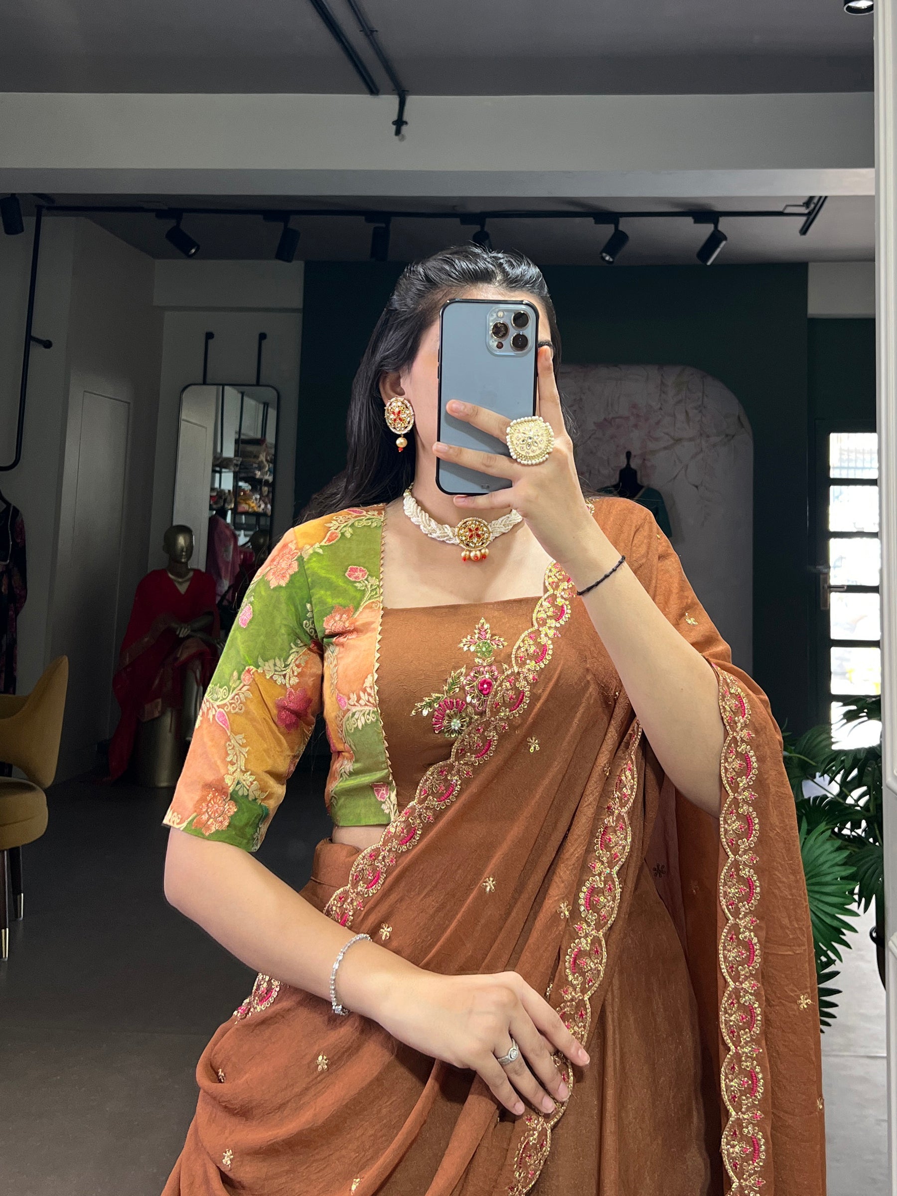 Lorenvalley Fashion Brown Chocolate Crush Silk Plain Lehenga Choli with Dupatta