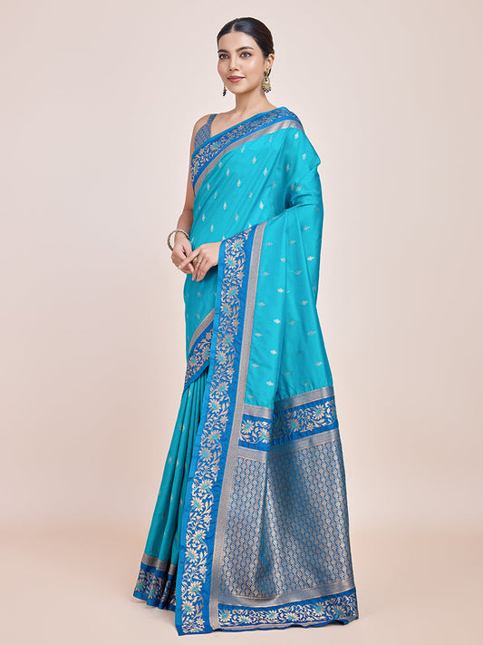 Monjolika Fashion Sky Blue Banarasi Silk In Satin Is Classy Embellished With Golden Zari Work Saree