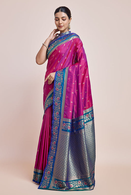Monjolika Fashion Magenta Banarasi Silk In Satin Is Classy Embellished With Golden Zari Work Saree