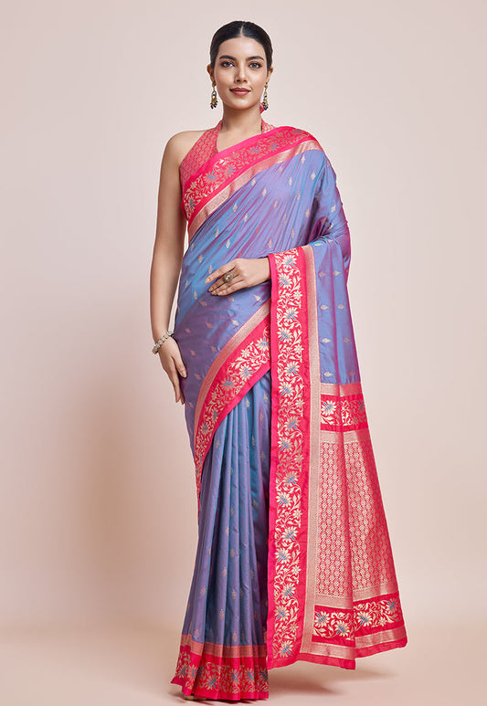 Monjolika Fashion Violet Banarasi Silk In Satin Is Classy Embellished With Golden Zari Work Saree