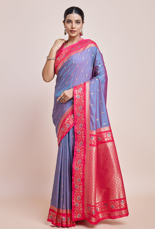 Monjolika Fashion Violet Banarasi Silk In Satin Is Classy Embellished With Golden Zari Work Saree