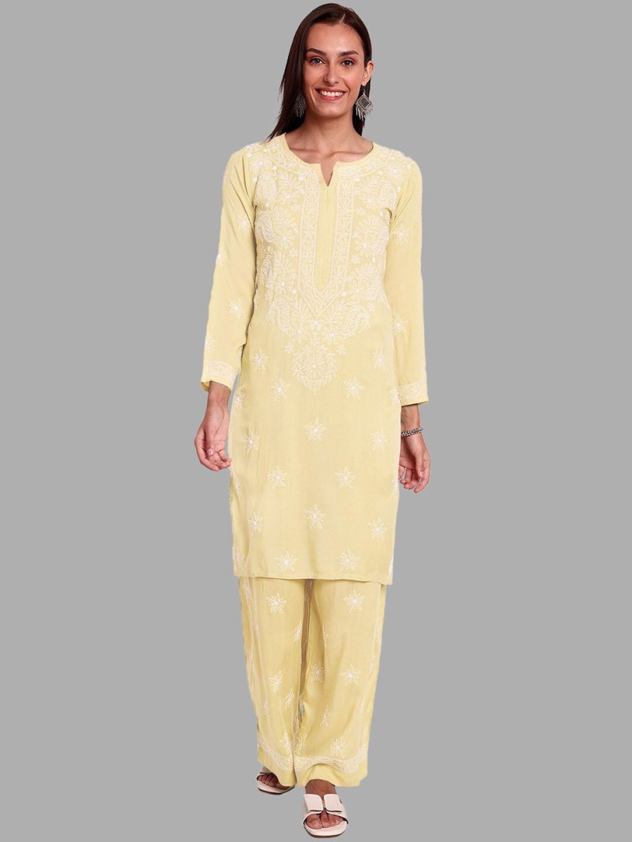 ADA Ethnic Motifs Embroidered Chikankari Straight Kurta with Palazzos 
