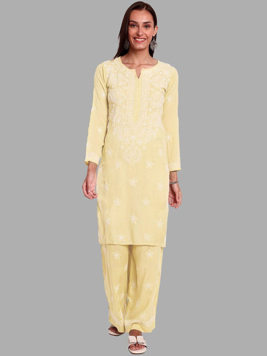 ADA Ethnic Motifs Embroidered Chikankari Straight Kurta with Palazzos 