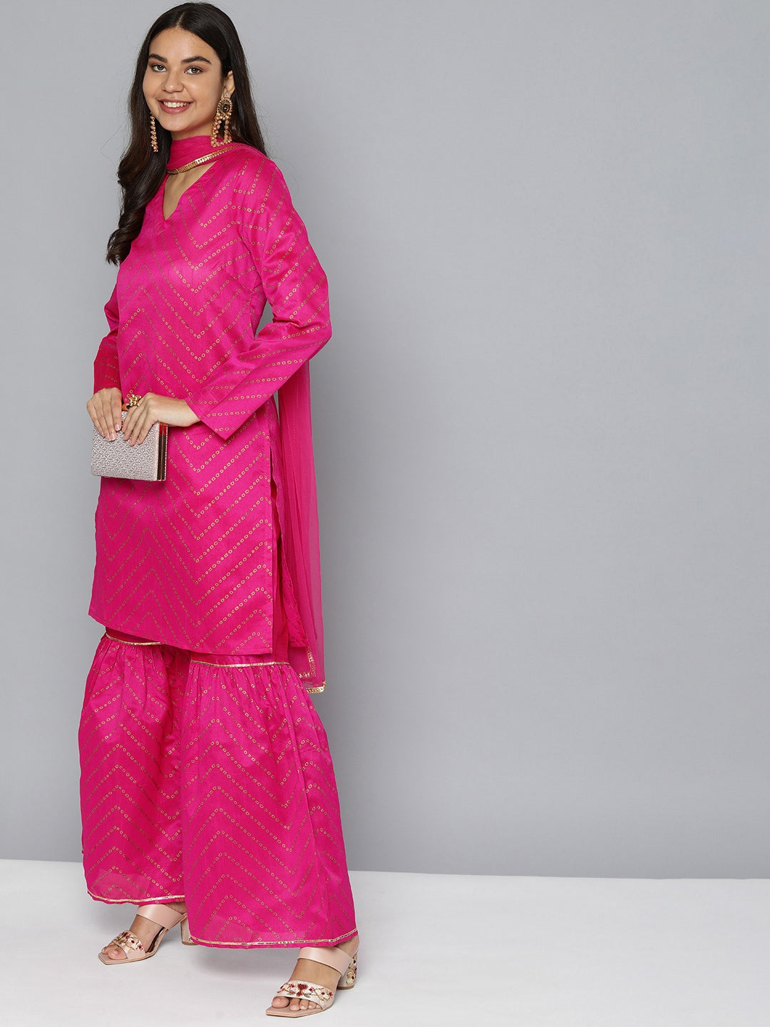 HERE&NOW Women Pink Ethnic Motifs Printed Gotta Patti Kurta with Sharara With Dupatta