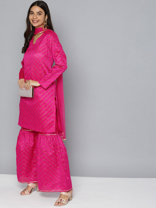 HERE&NOW Women Pink Ethnic Motifs Printed Gotta Patti Kurta with Sharara With Dupatta