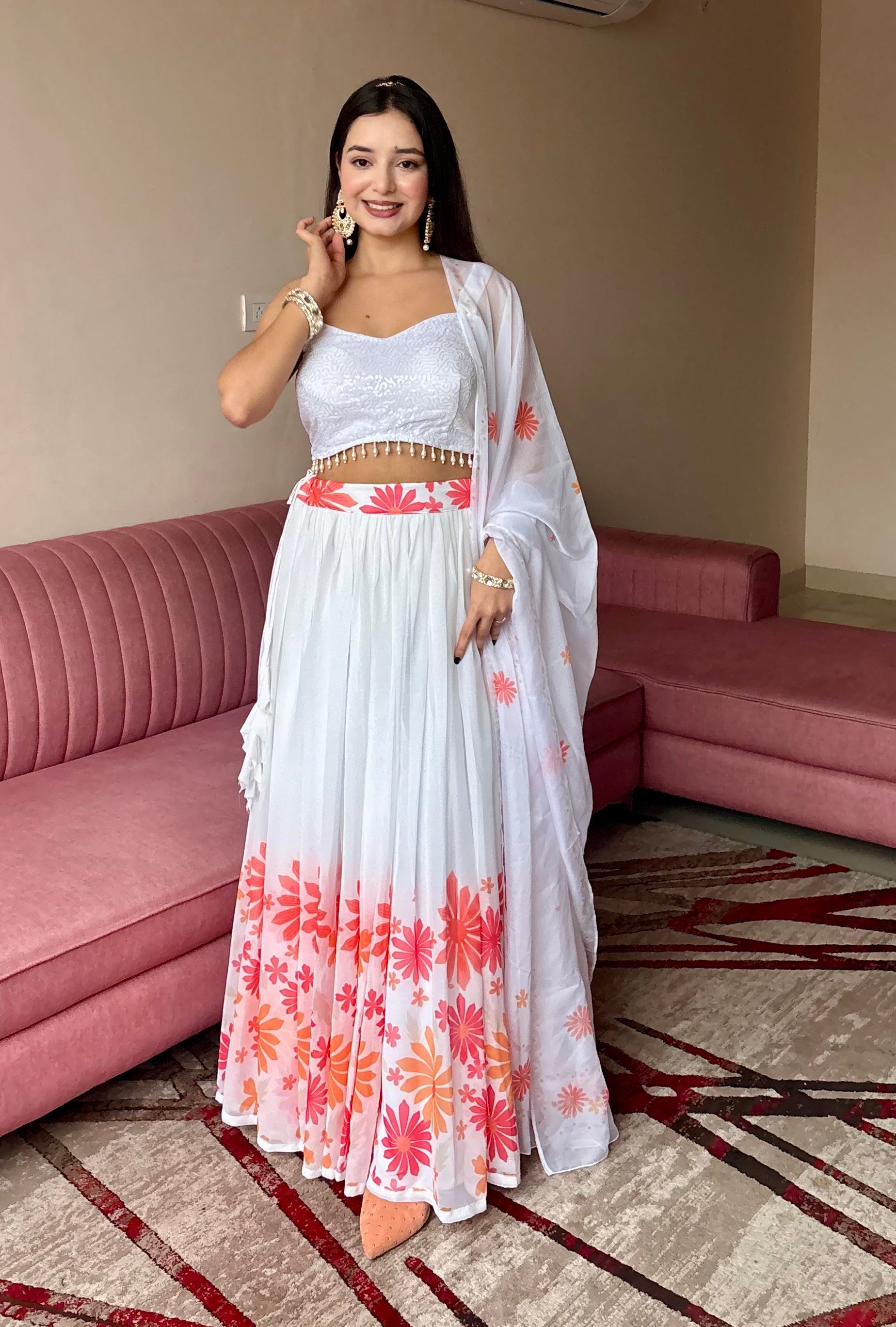 Lorenvalley Fashion White Georgette with Floral Print Design Lehenga Choli with Dupatta 