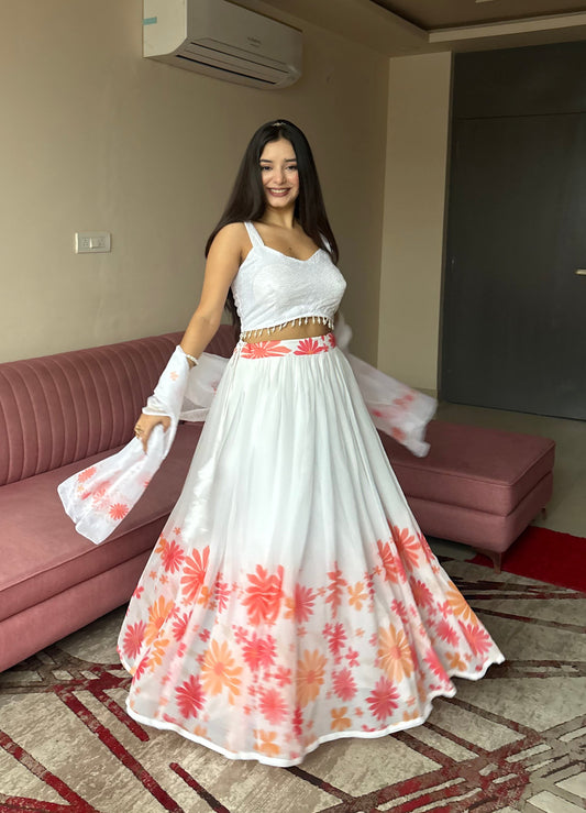 Lorenvalley Fashion White Georgette with Floral Print Design Lehenga Choli with Dupatta 