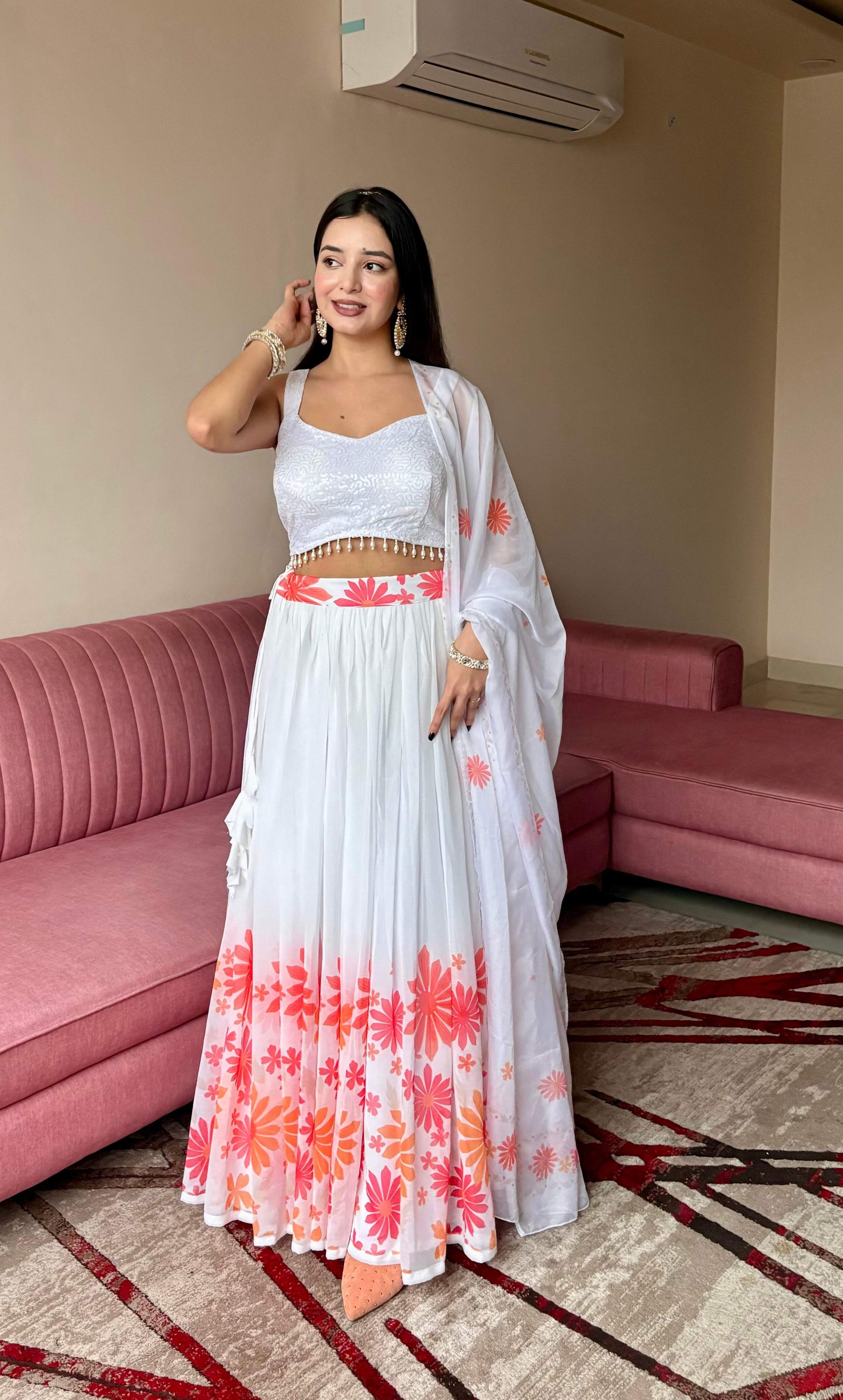 Lorenvalley Fashion White Georgette with Floral Print Design Lehenga Choli with Dupatta 