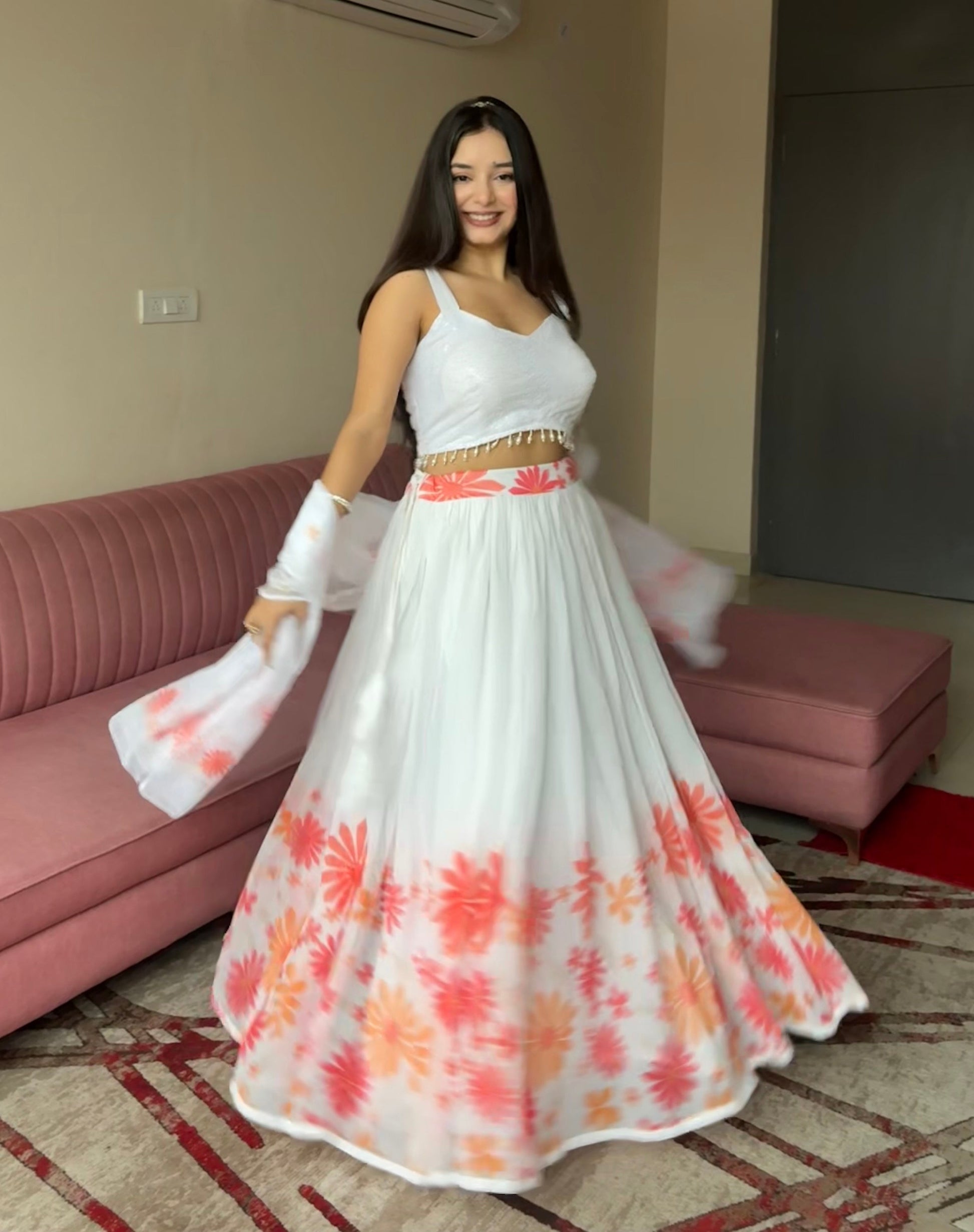 Lorenvalley Fashion White Georgette with Floral Print Design Lehenga Choli with Dupatta 