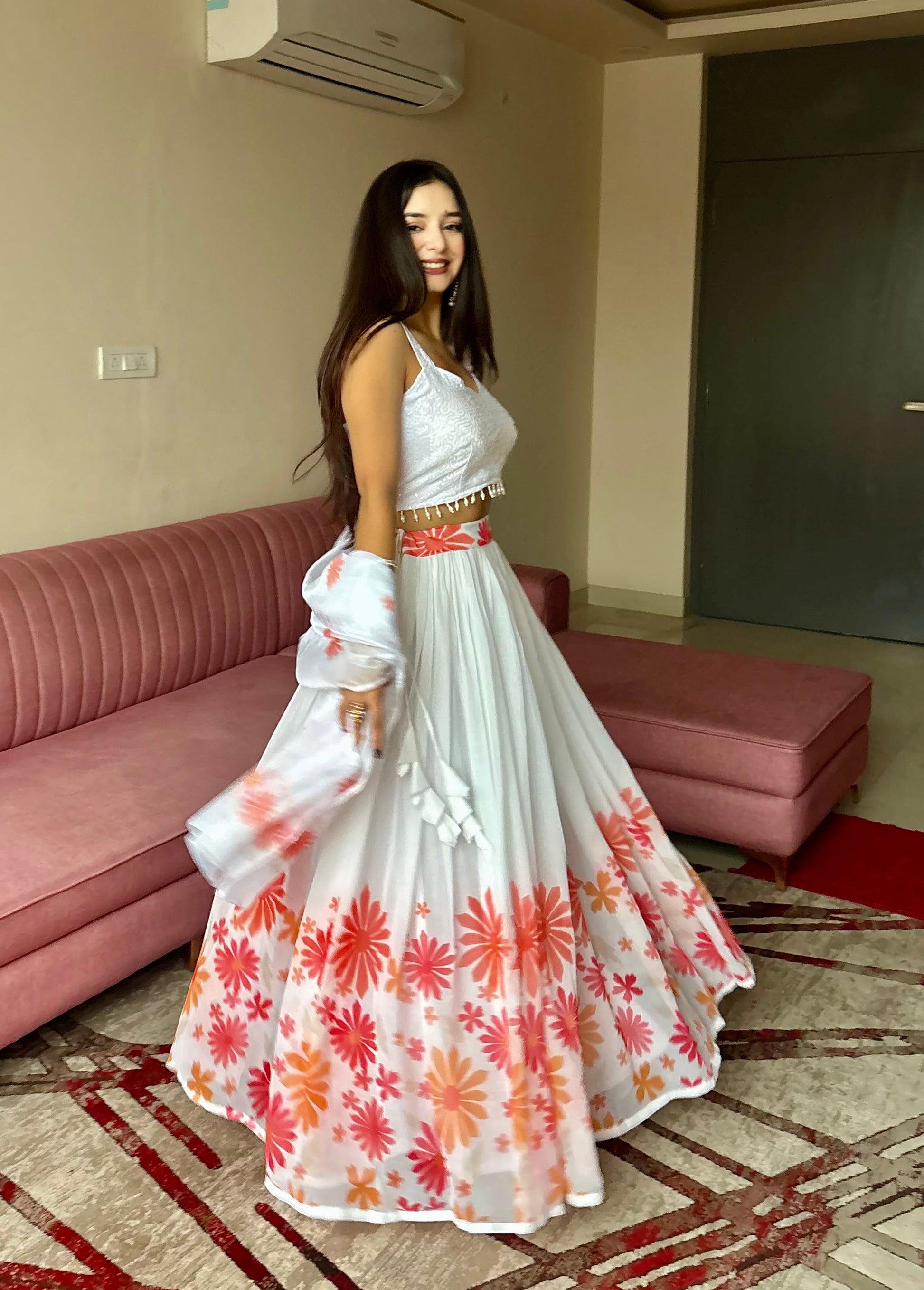 Lorenvalley Fashion White Georgette with Floral Print Design Lehenga Choli with Dupatta 