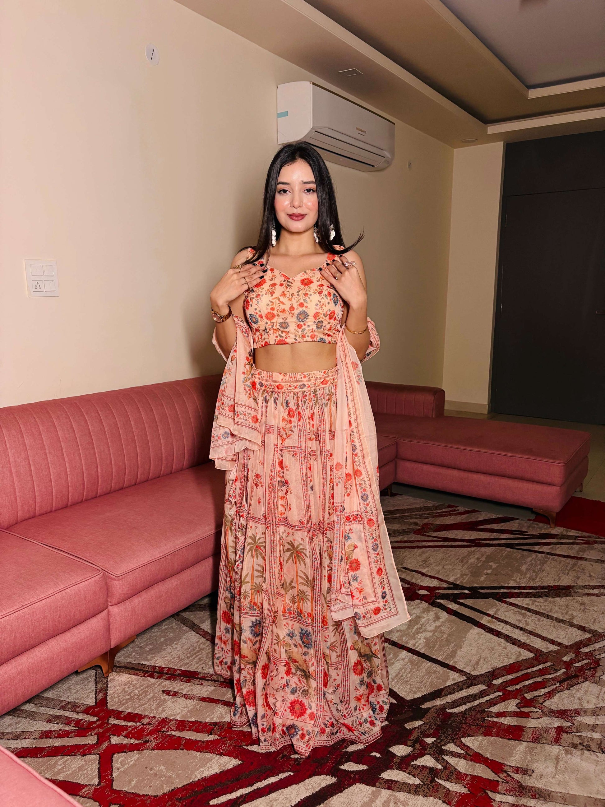 Lorenvalley Fashion Peach Organza with Floral Print Design Lehenga Choli with Dupatta 