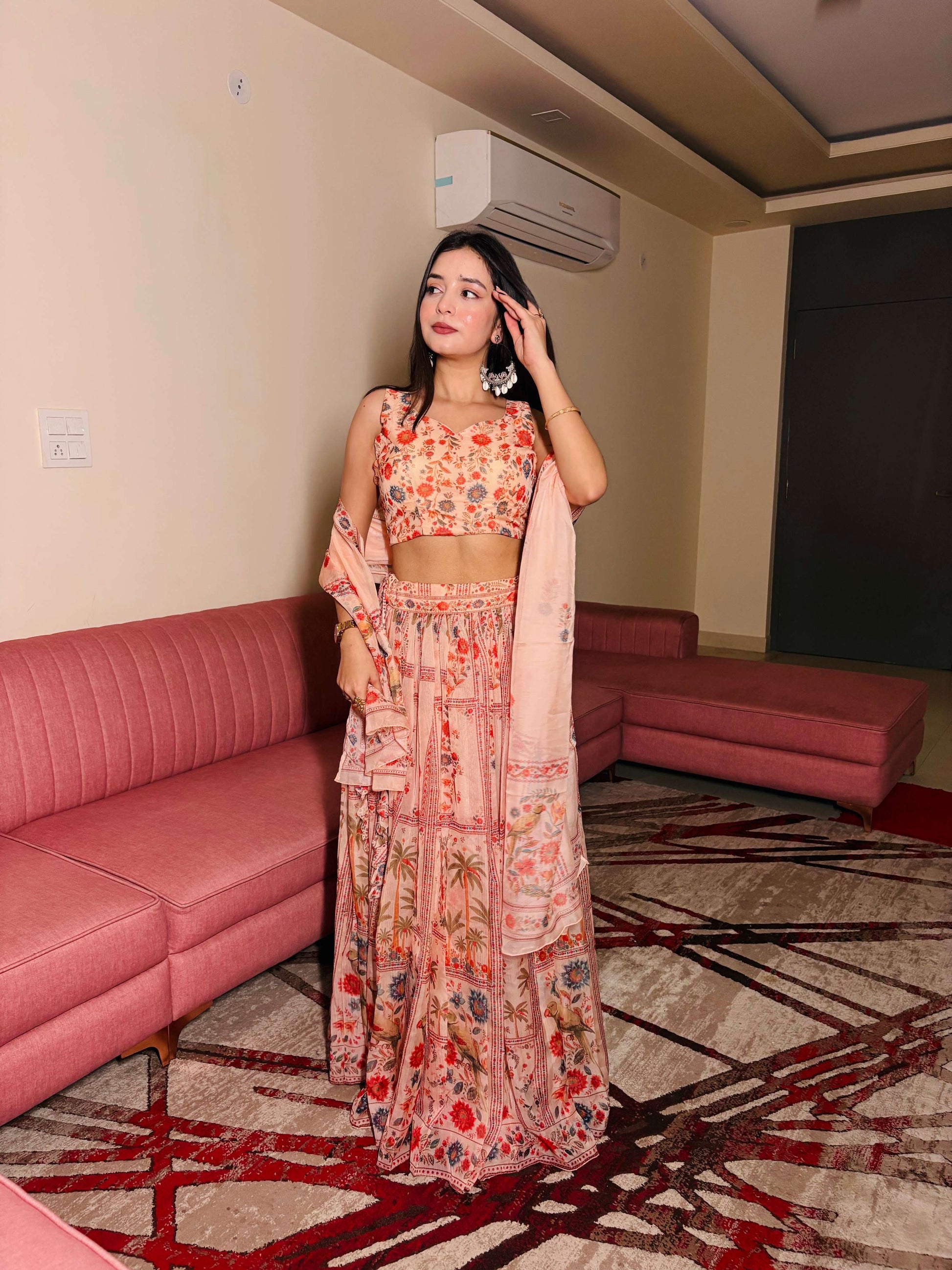 Lorenvalley Fashion Peach Organza with Floral Print Design Lehenga Choli with Dupatta 