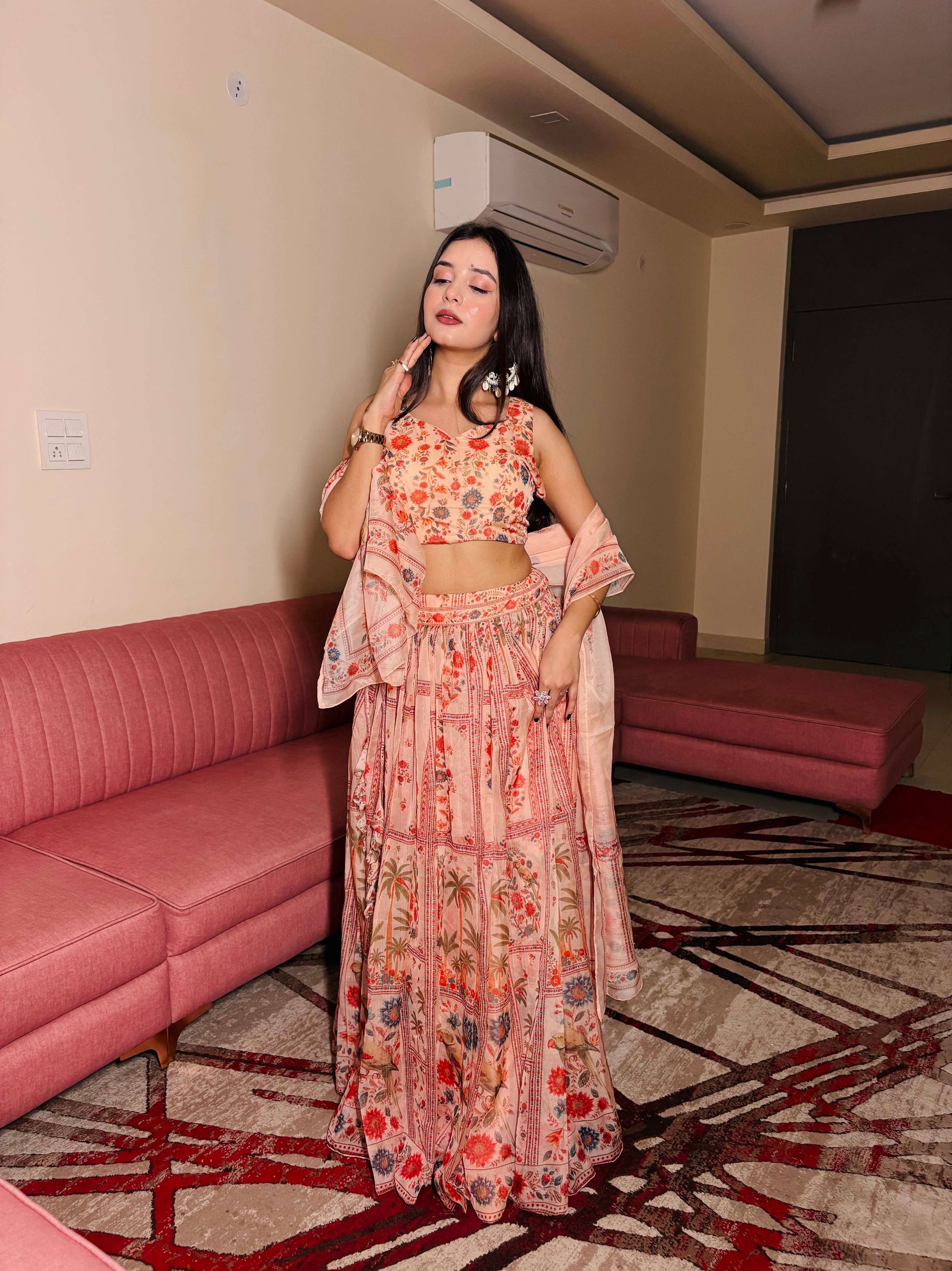 Lorenvalley Fashion Peach Organza with Floral Print Design Lehenga Choli with Dupatta 