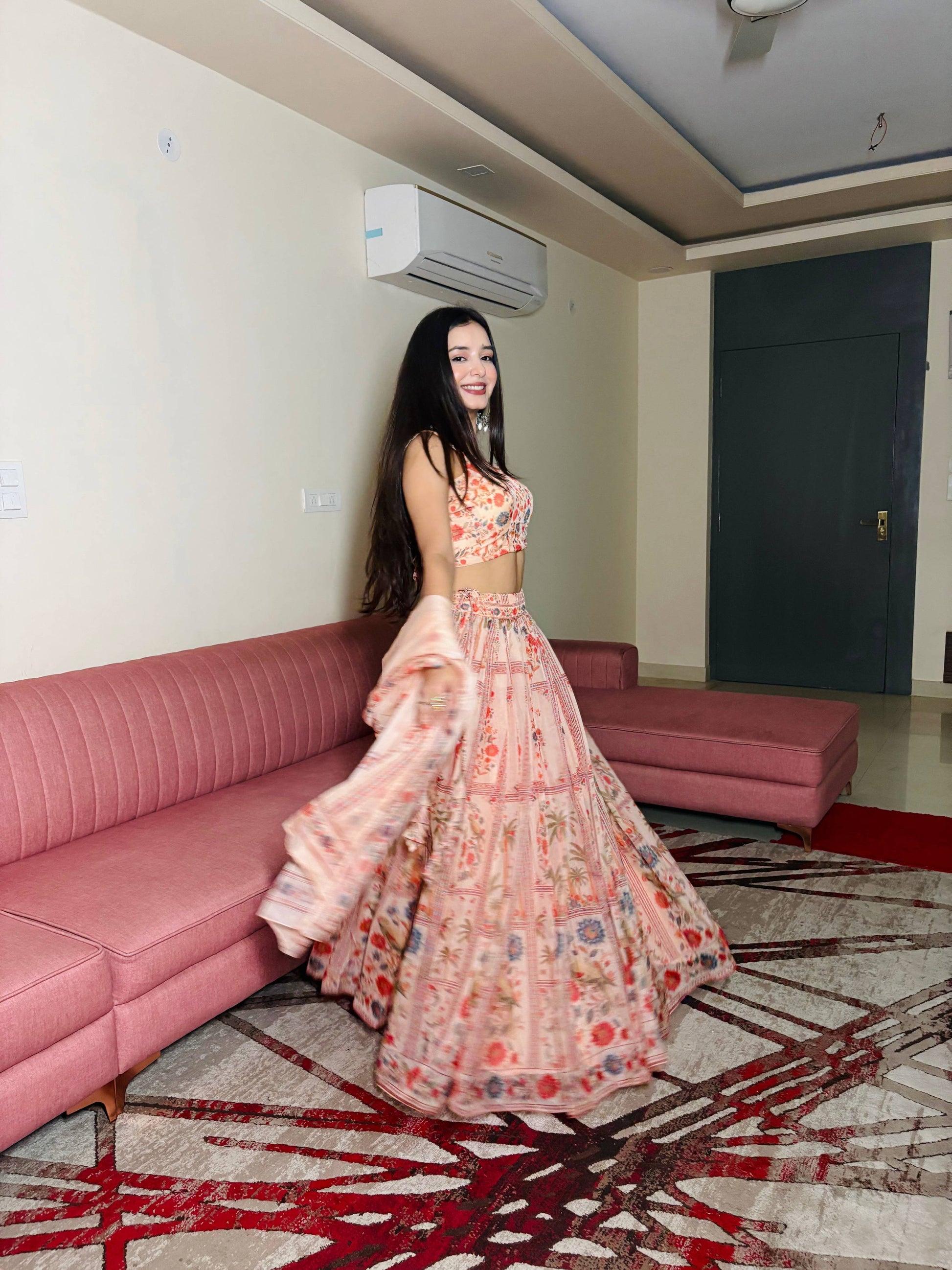 Lorenvalley Fashion Peach Organza with Floral Print Design Lehenga Choli with Dupatta 