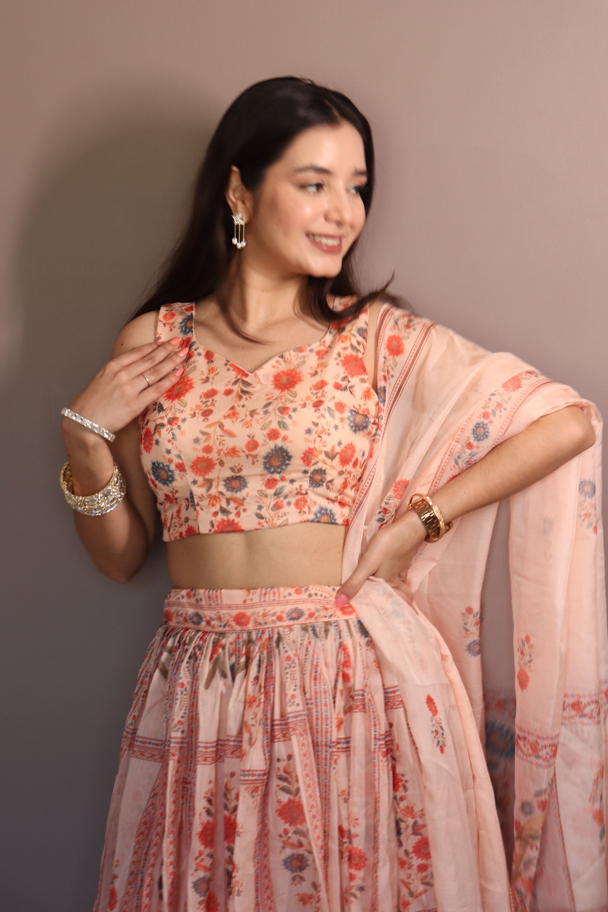 Lorenvalley Fashion Peach Organza with Floral Print Design Lehenga Choli with Dupatta 