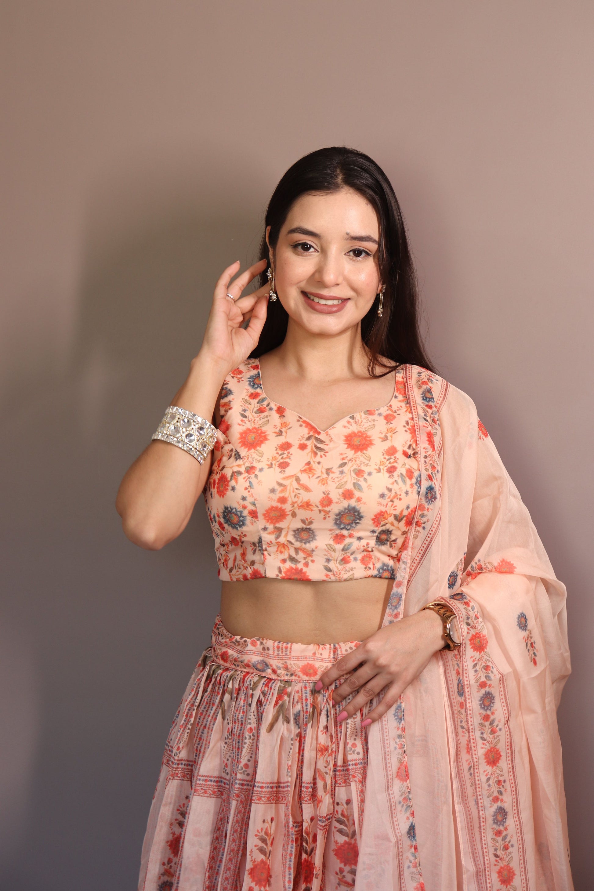 Lorenvalley Fashion Peach Organza with Floral Print Design Lehenga Choli with Dupatta 