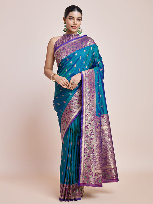 Monjolika Fashion Exquisite Designs With This Teal Banarasi Satin Silk Saree