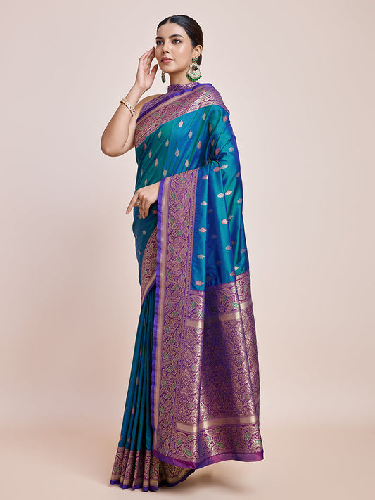 Monjolika Fashion Exquisite Designs With This Teal Banarasi Satin Silk Saree