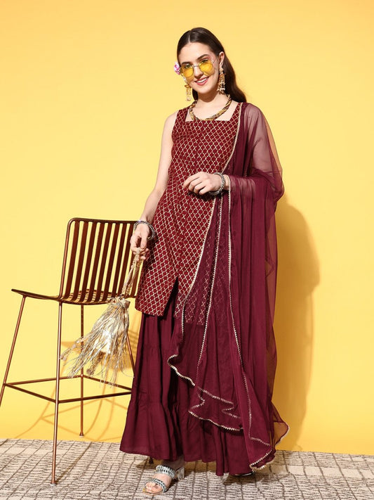 All About You Women Maroon Ethnic Motifs Printed Kurti with Fusion Bottoms & With Dupatta