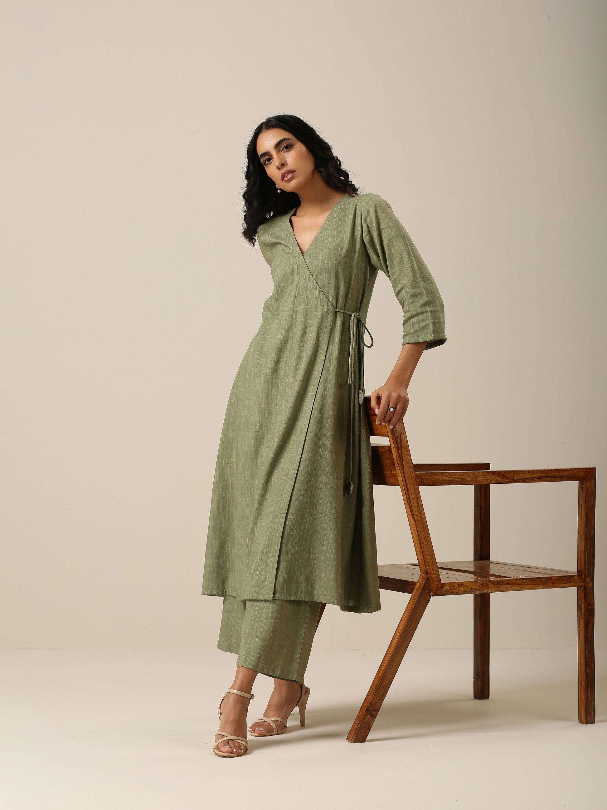 trueBrowns Sage Slub Texture Angrakha Pant Set 