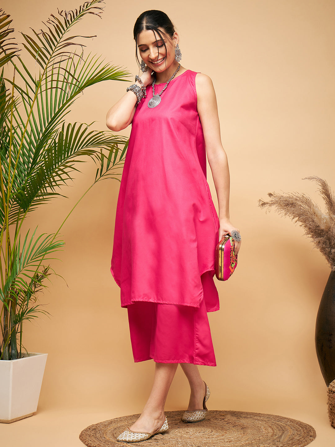 InWeave Women's Fuchsia Short Kurta Palazzo Set 