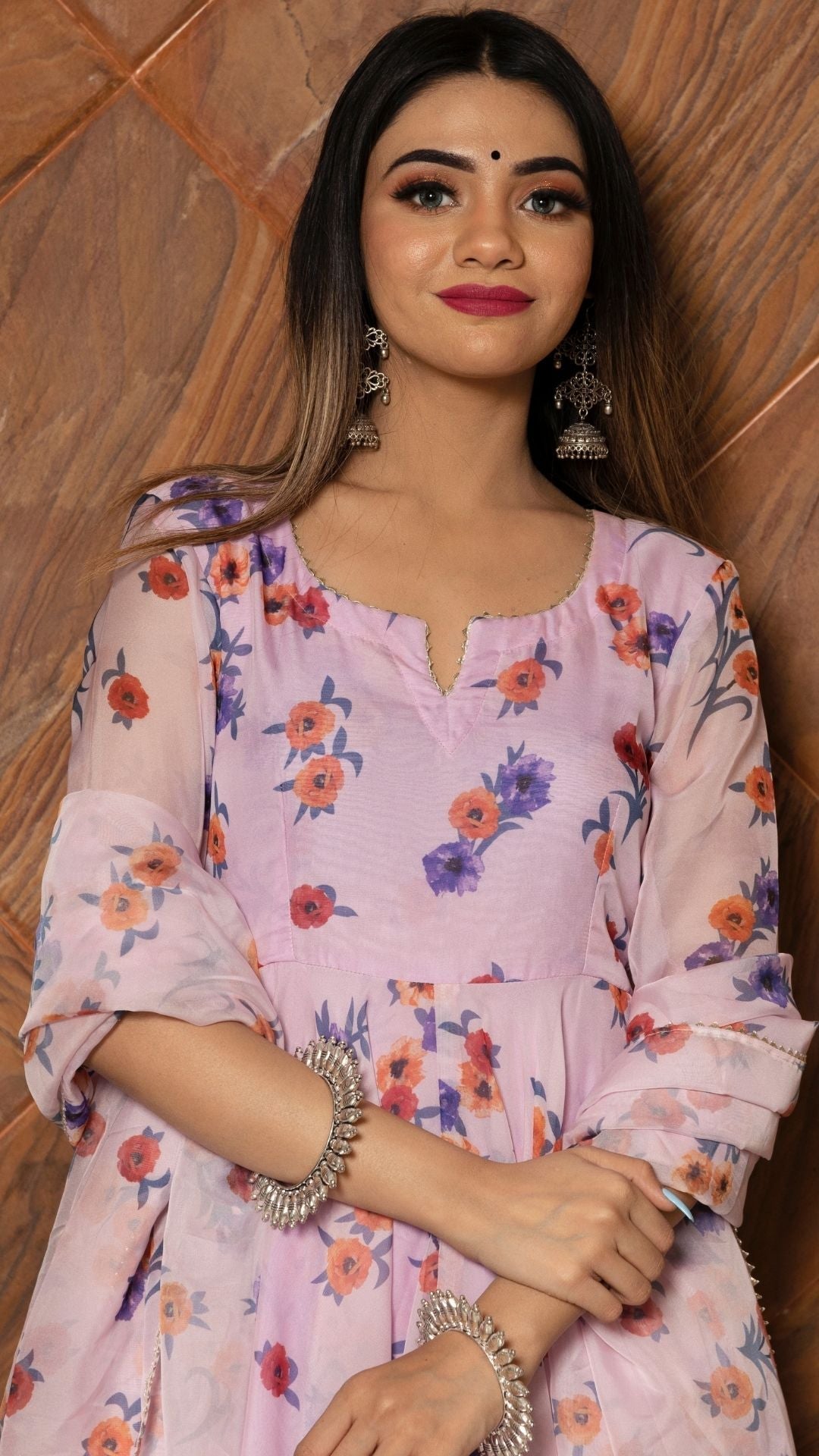 Pomcha Jaipur Lavender Gangaur Printed Organza Anarkali 