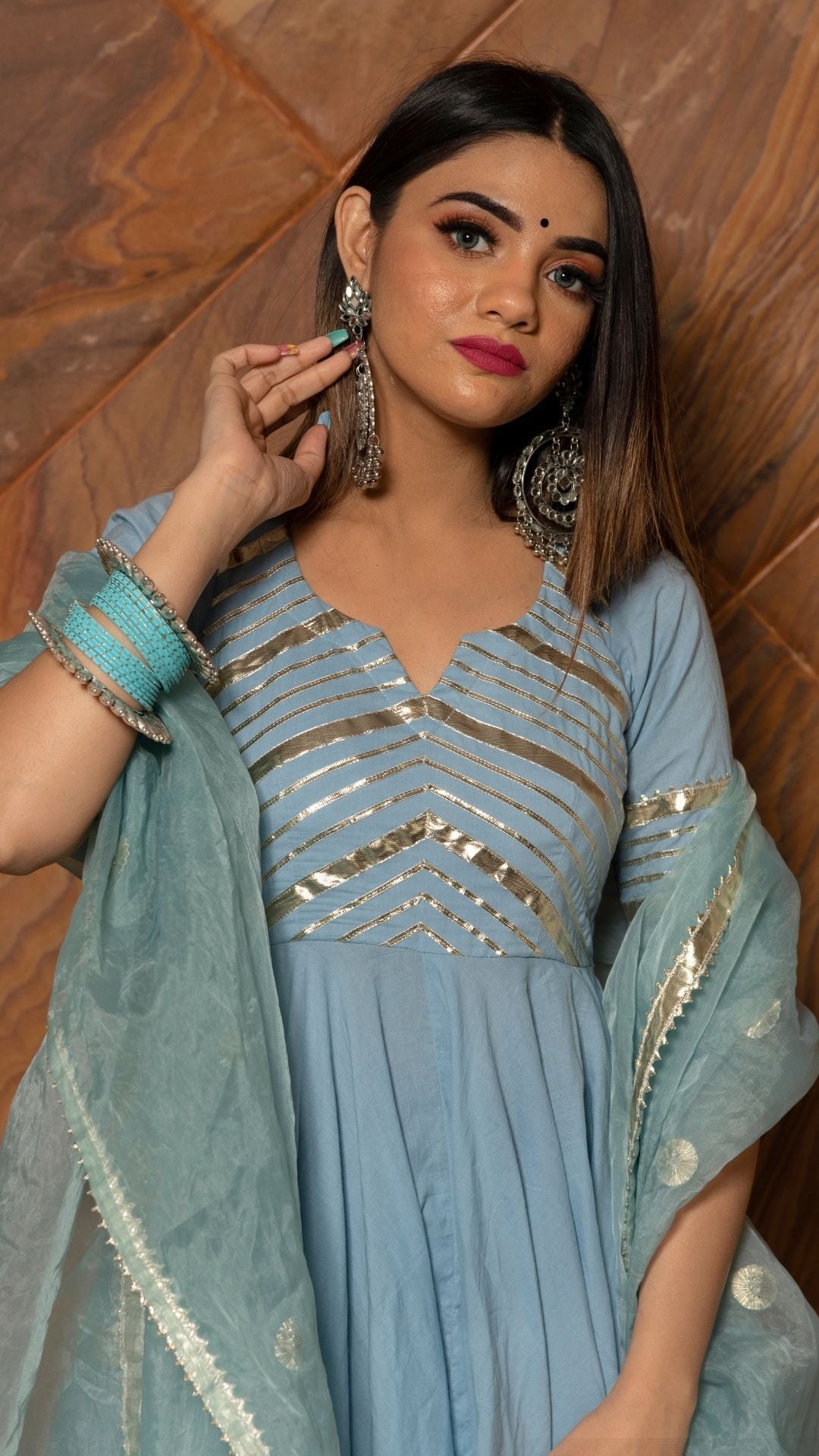 Pomcha Jaipur Powder Blue Pure Cotton Anarkali Set 