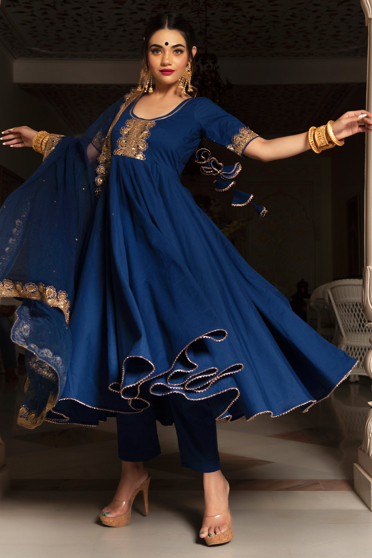 Pomcha Jaipur Minakari Blue Anarkali Set 