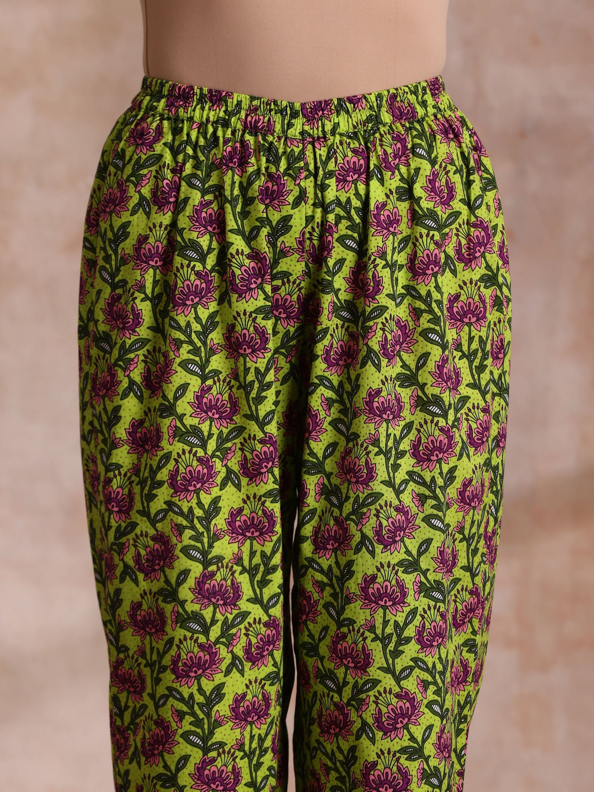trueBrowns Lime Green Overall Pink Floral Block Print Cotton Flared Kurta Pant Set 