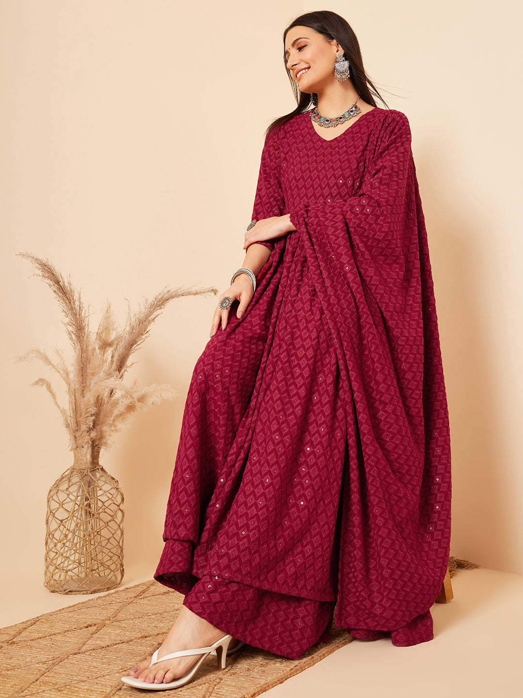 InWeave Women's Maroon Chikankari Long Anarkali Kurta Palazzo Set W Dupatta 