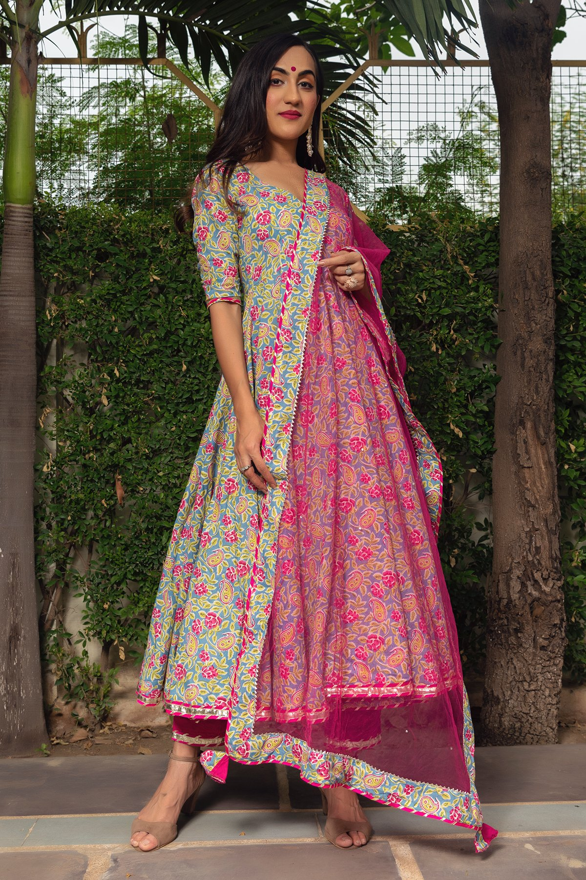 Pomcha Jaipur Jaipuri Hand Block Cotton Anarkali Set 