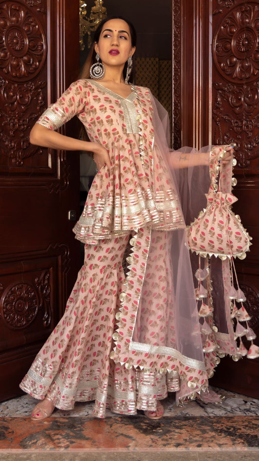 Pomcha Jaipur Peach Hand Block Cotton Sharara Set 