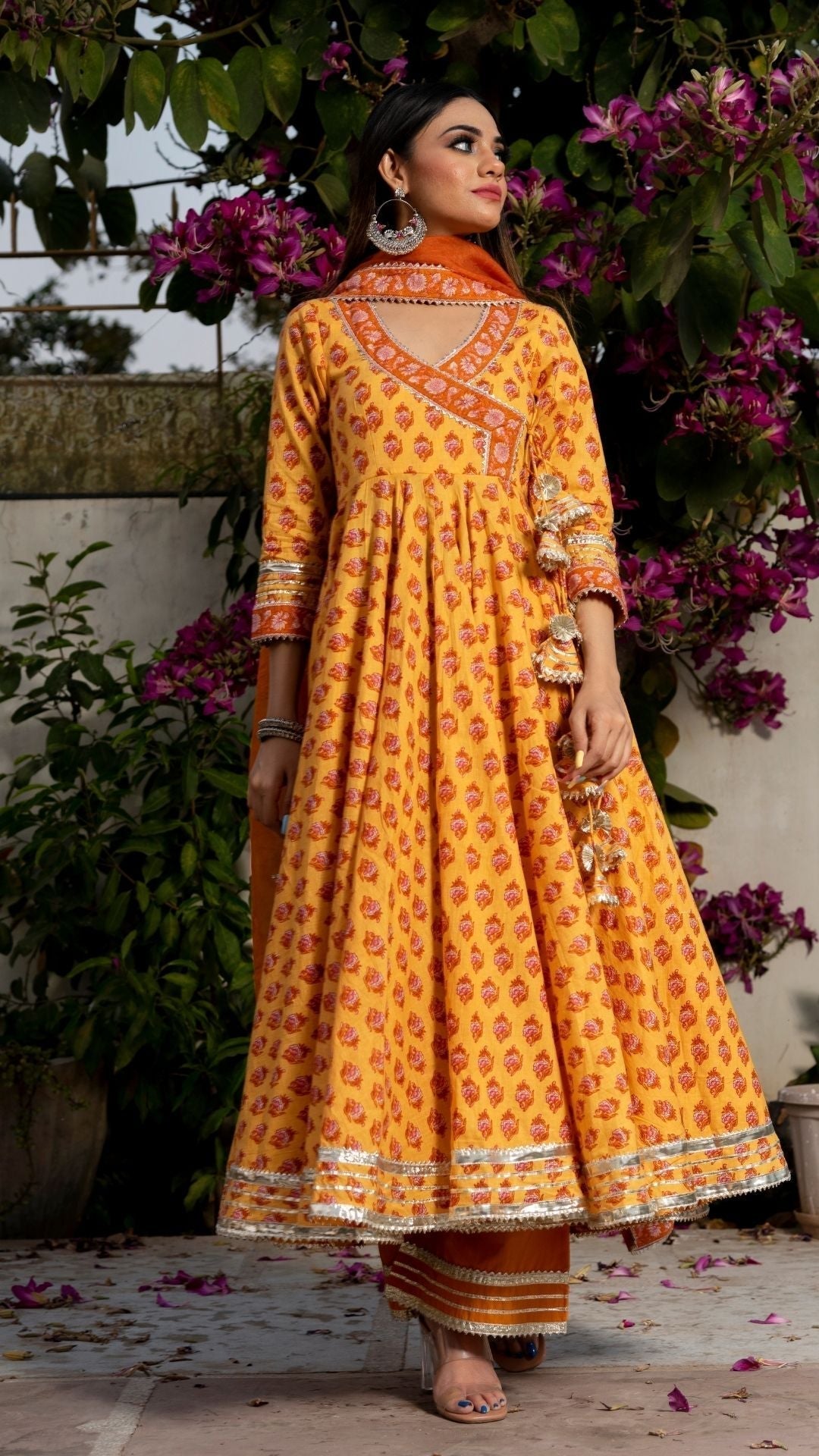 Pomcha Jaipur Mehar Light Brown Hand Block Anarkali Set 