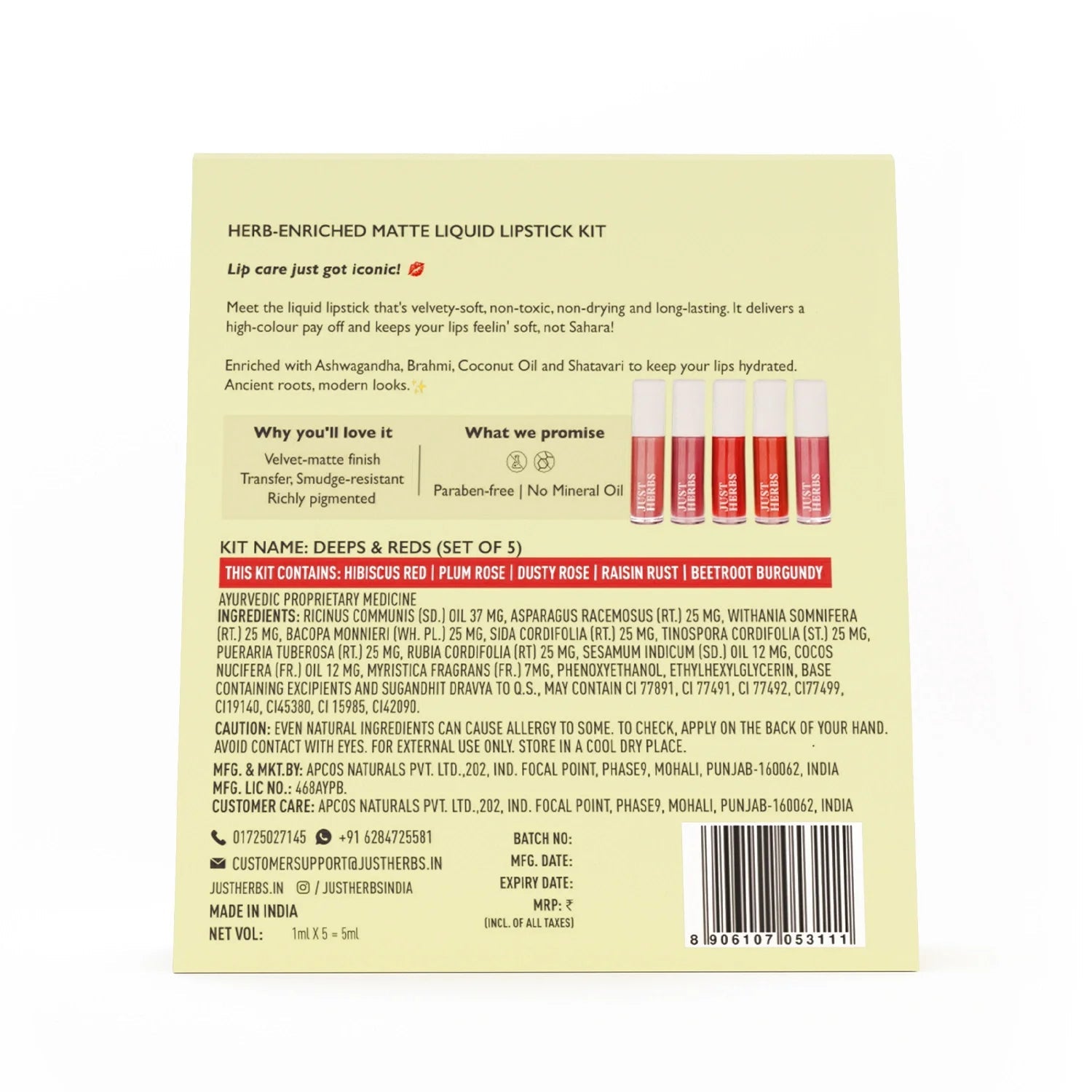 Herb Enriched Matte Liquid Lipstick Kit- Set of 5 